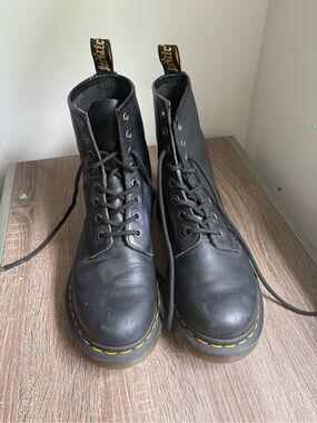 Dr. Martens Black Leather 8-Eye Boots with Yellow Stitching Pull Tabs